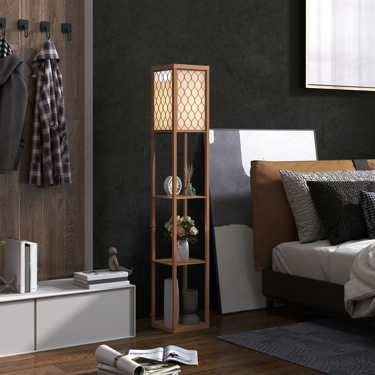 Wooden standing lamp with honeycomb lampshade and stacked open shelves for small items.