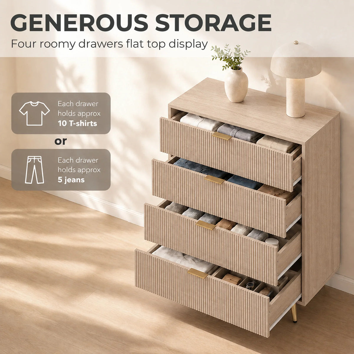 Light wood chest of drawers with 4 open compartments and gold bar handles.