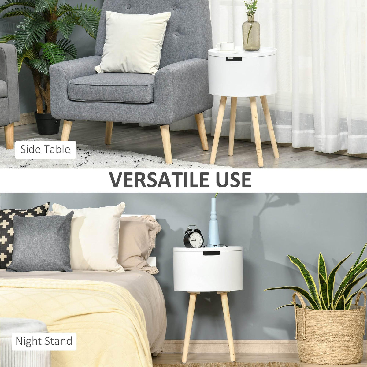 White round side table with removable top and light wood legs