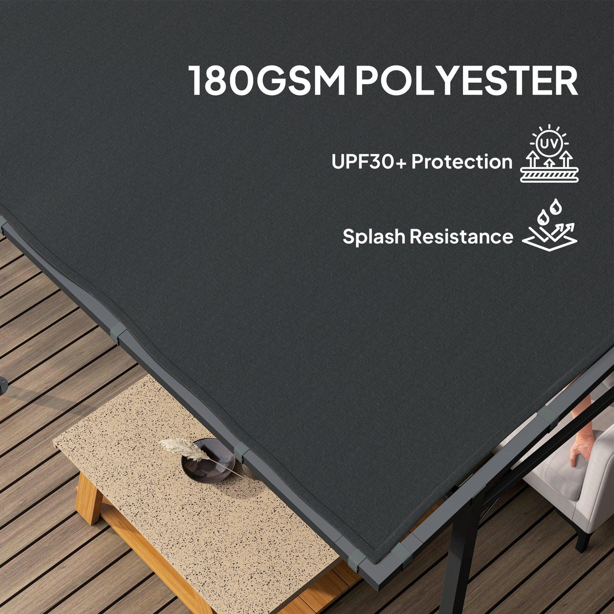 Dark grey polyester canopy fabric on a pergola roof with protective UPF-style coating.