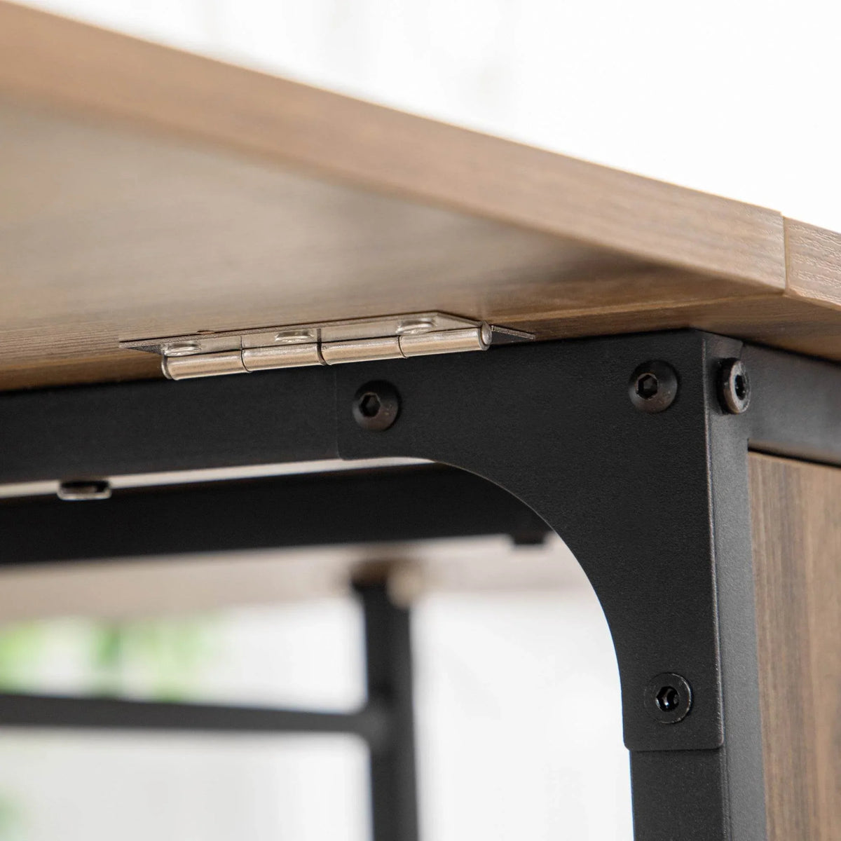 Folding table support latch and hinge mechanism, black bracket with metal pin