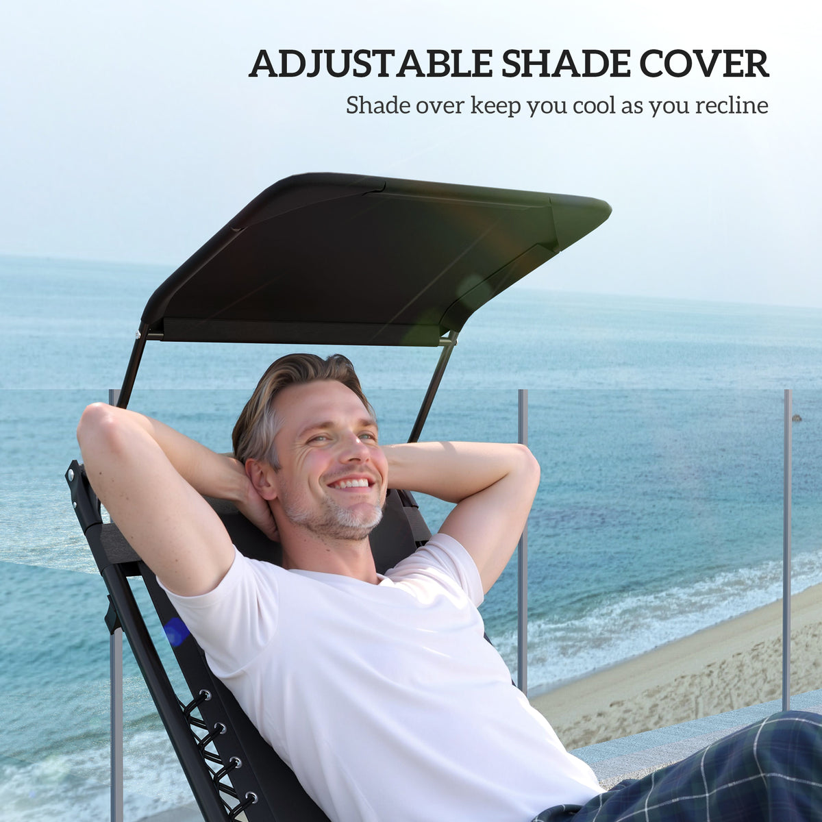 Black reclining lounger with adjustable shade cover over seat and headrest support