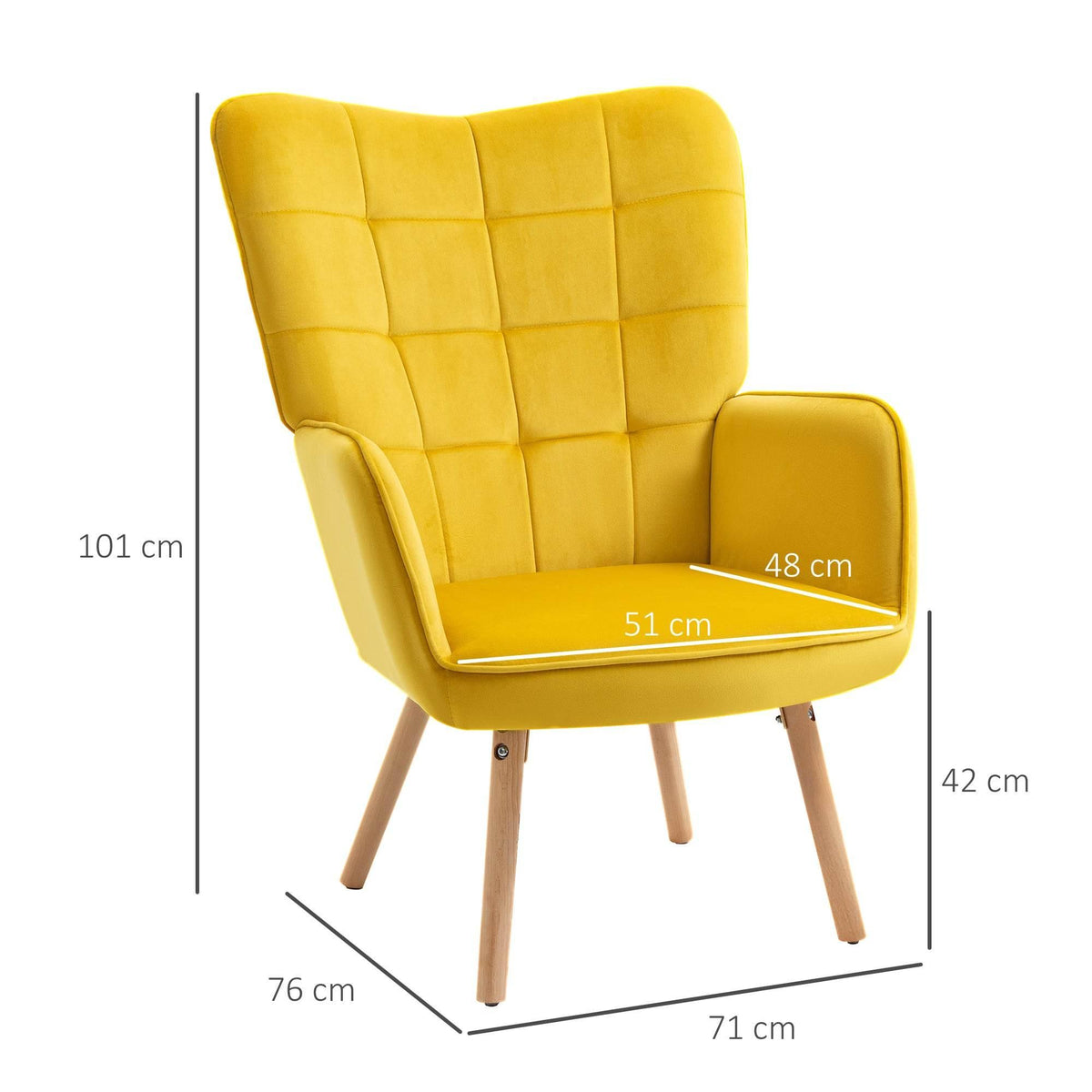 Yellow wingback accent chair with diamond tufted back and wooden legs, with size marks