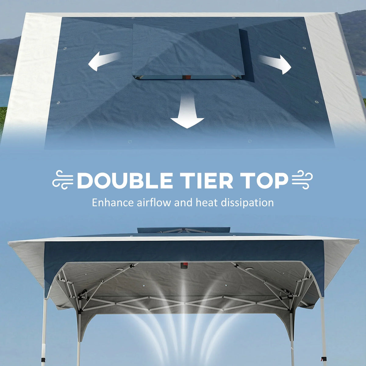 Double-tier top gazebo canopy with airflow vents and extended roof edge