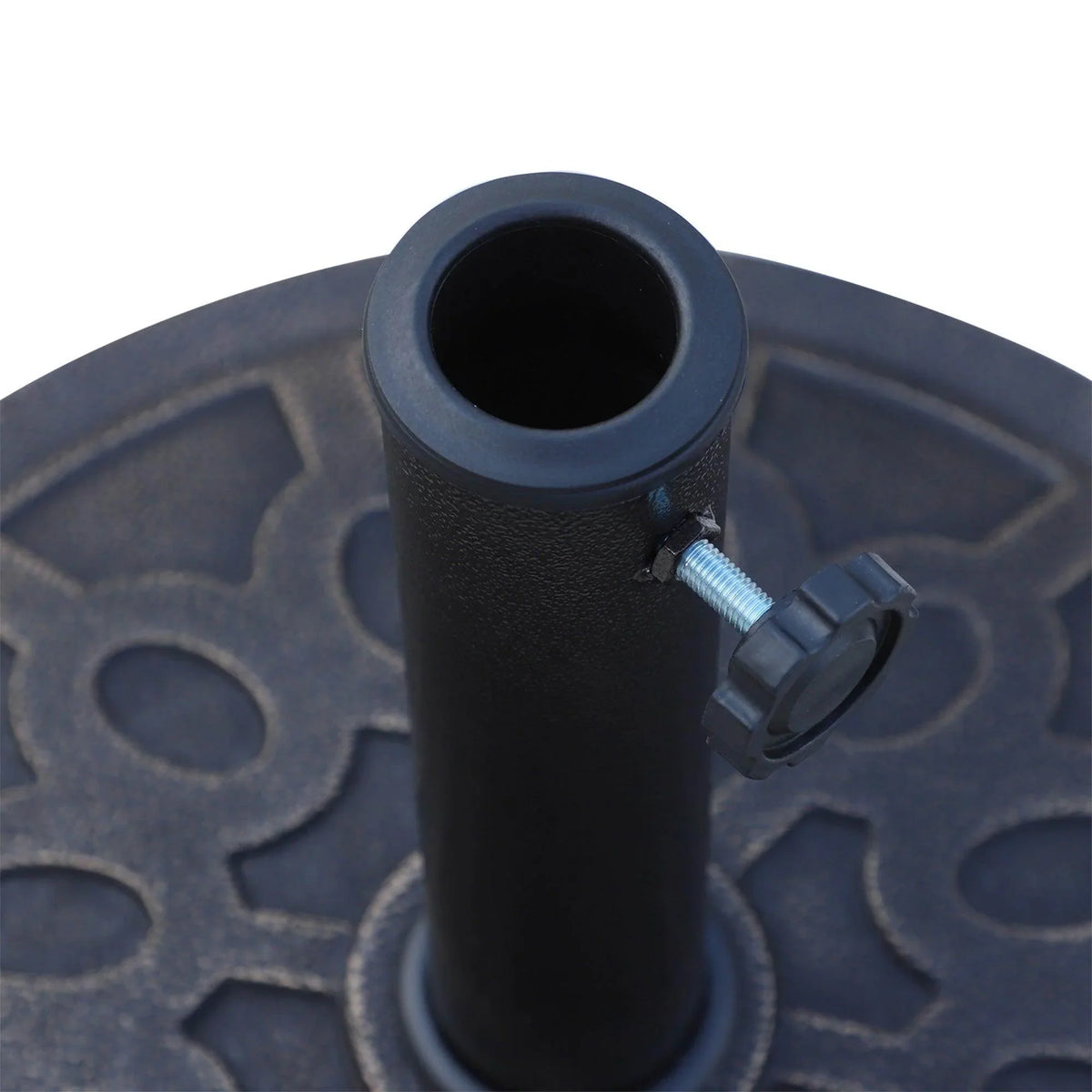 Close-up of dark blue umbrella base pole sleeve with clamp lever and bolt