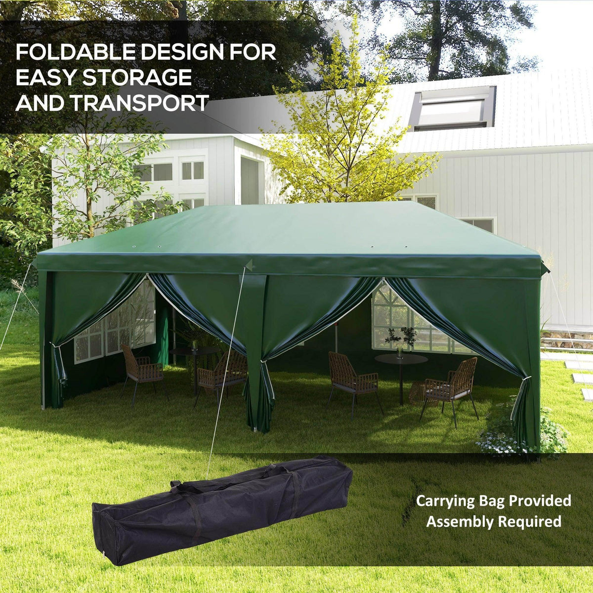 Green pop-up gazebo tent with side windows and included carrying bag