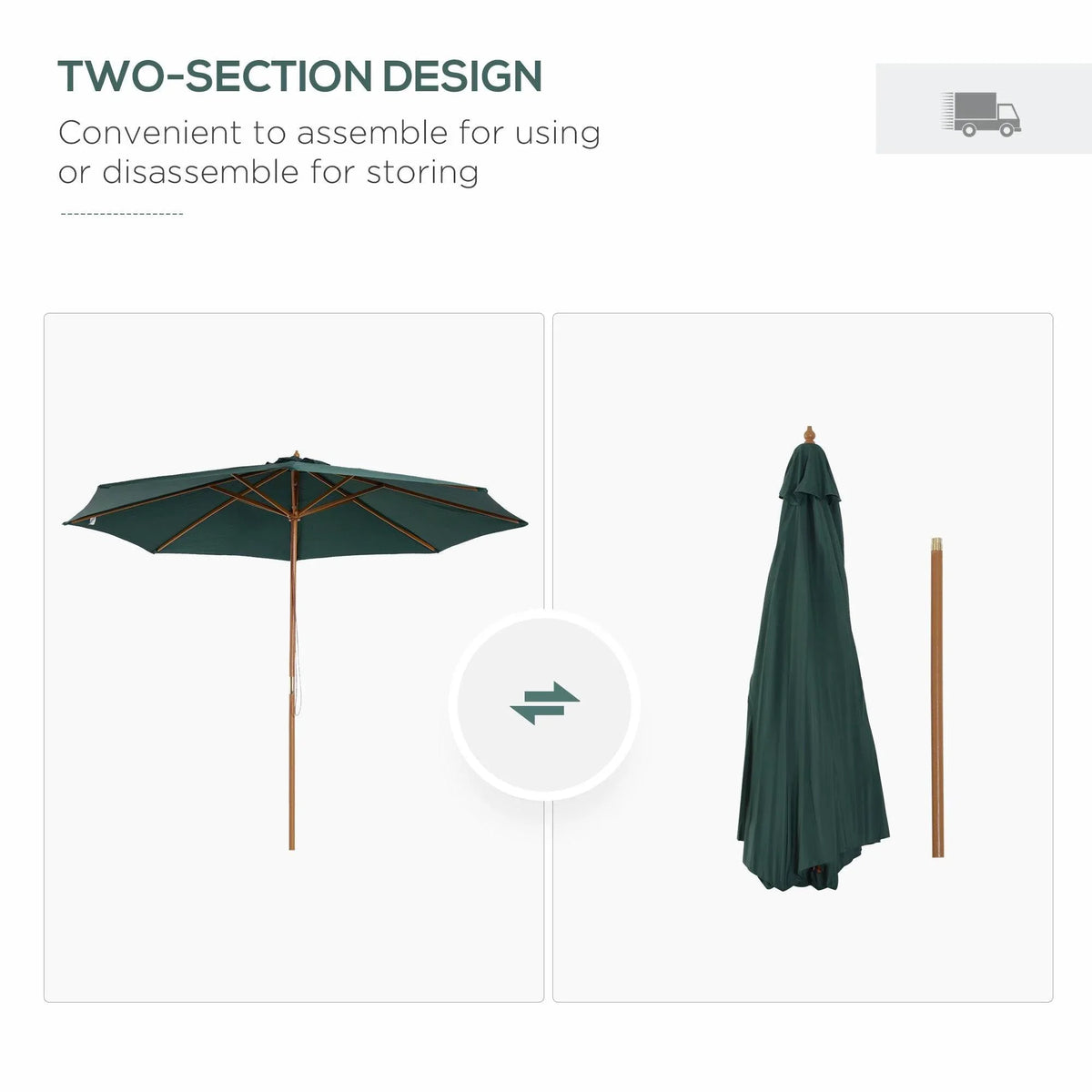 Dark green two-section umbrella design with wooden poles for compact storage