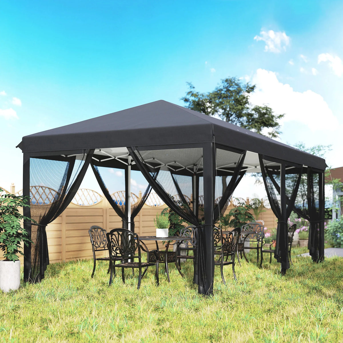 Outdoor pop-up gazebo with black canopy and mesh side curtains, open viewing area