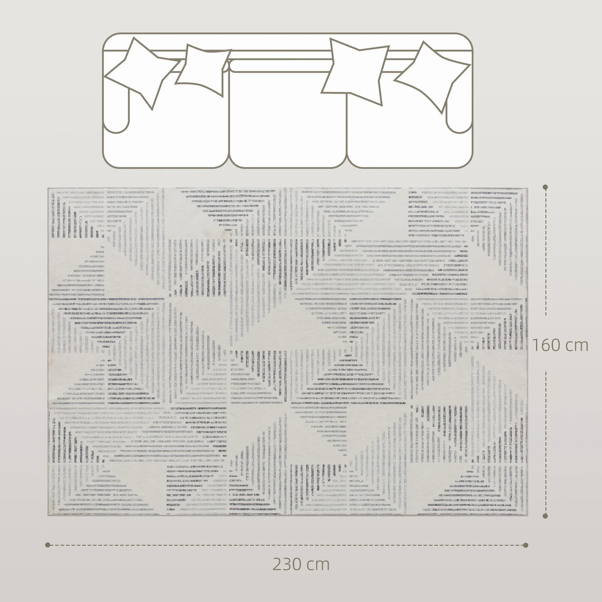 Geometric area rug layout with diamond motif, size 230 x 160 cm