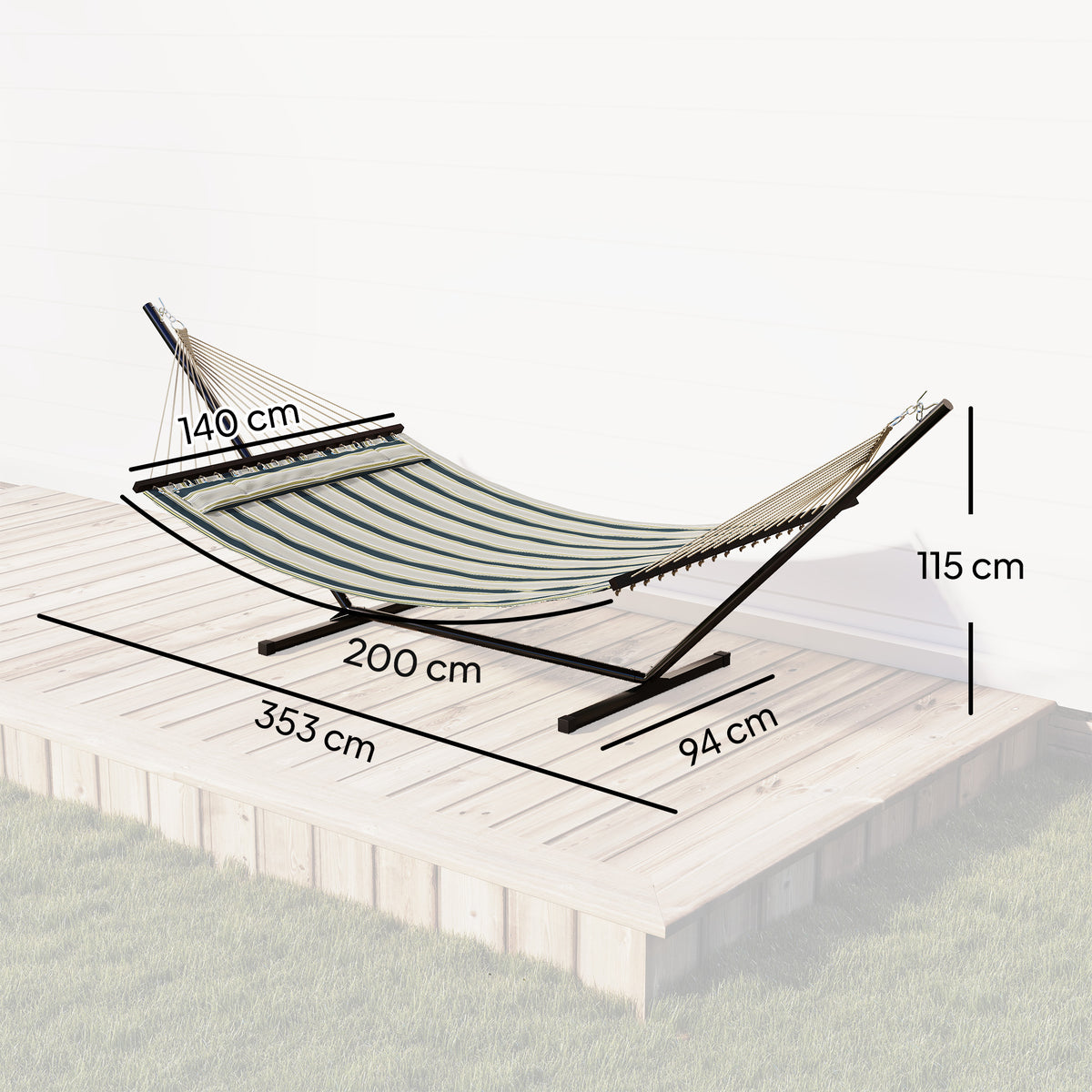 Striped outdoor hammock stand with size measurements, green and white fabric