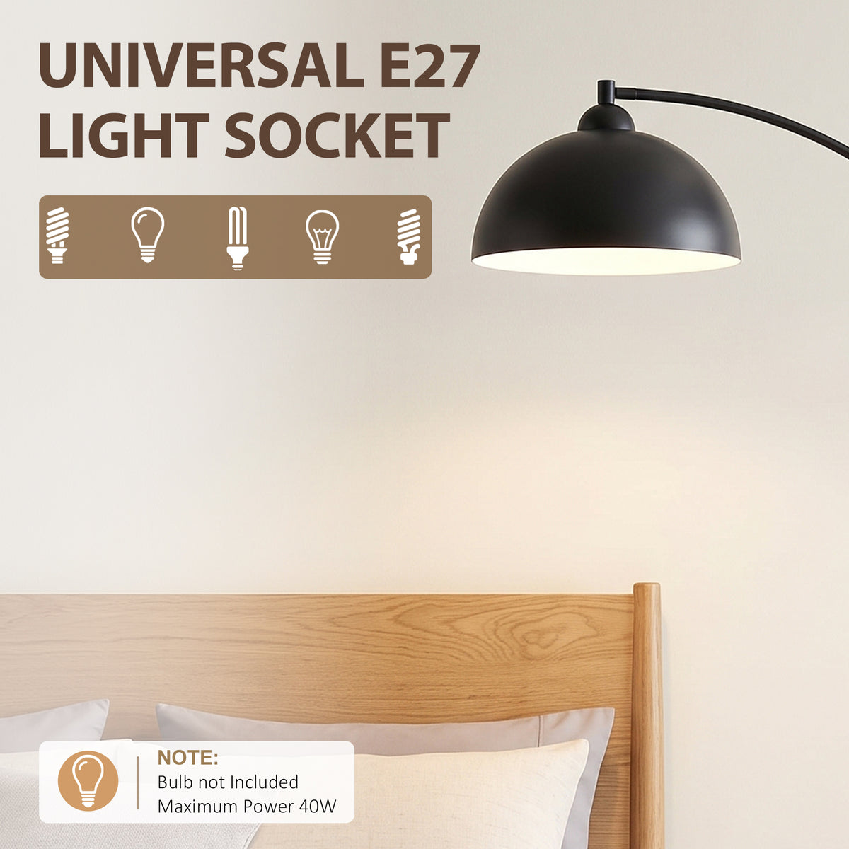 Black arc floor lamp with E27 light socket and bowl-shaped shade