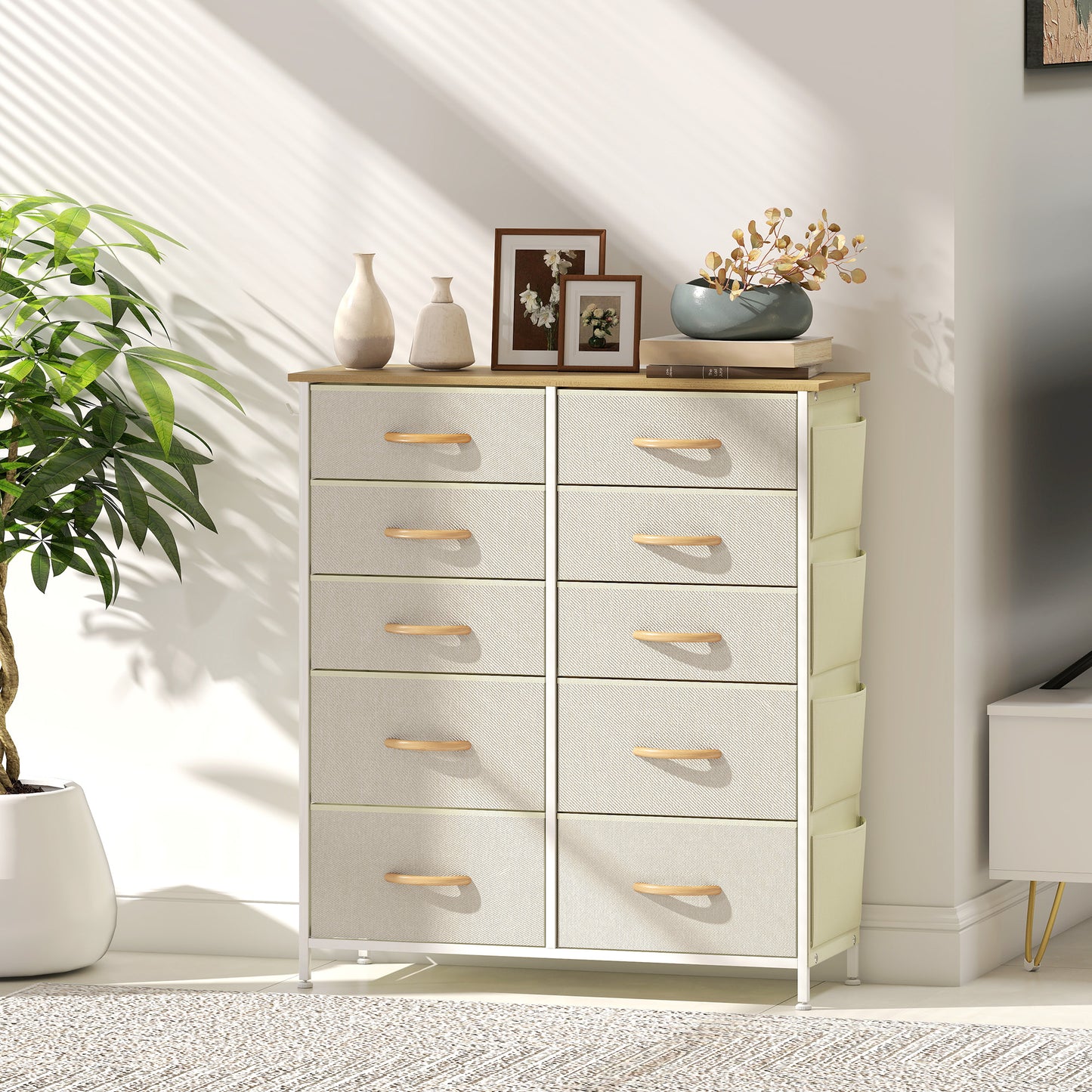 HOMCOM Fabric Chest of Ten Drawers Beige with Steel Frame X Bars Six Small and Four Large Drawers for Bedroom Storage