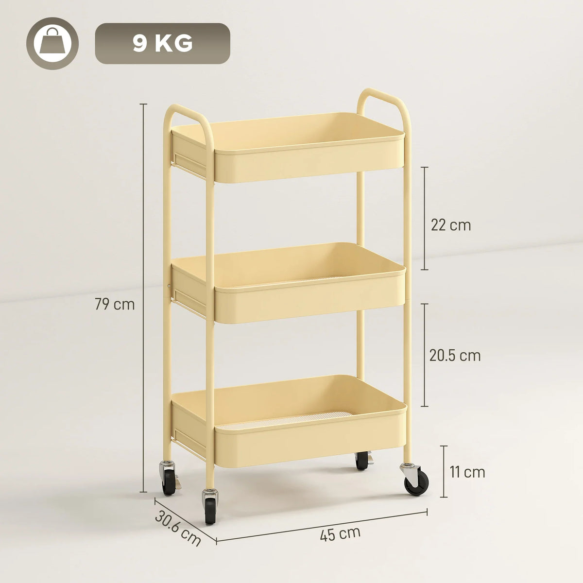 Yellow 3-tier rolling cart with mesh baskets and four swivel caster wheels