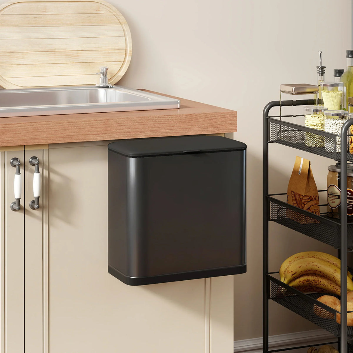 Black 8L hanging kitchen bin with lid and removable inner bucket