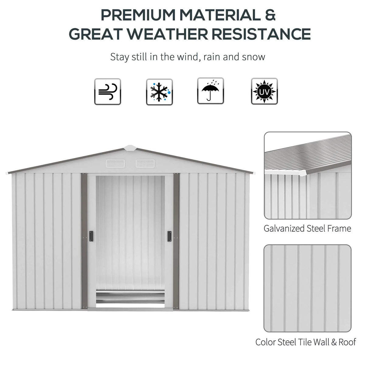 Grey metal garden storage shed with double sliding doors and front vent panel