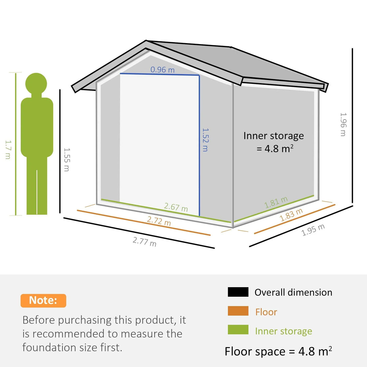 Shed size diagram showing dimensions and inner storage area.