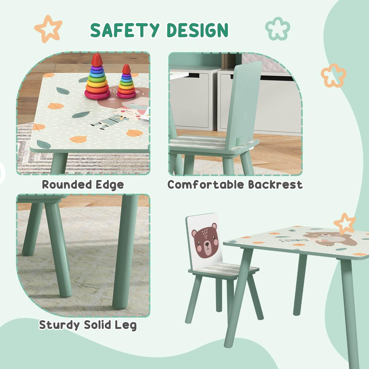 Kids table and two chairs with rounded tabletop edges and comfort chair backrest