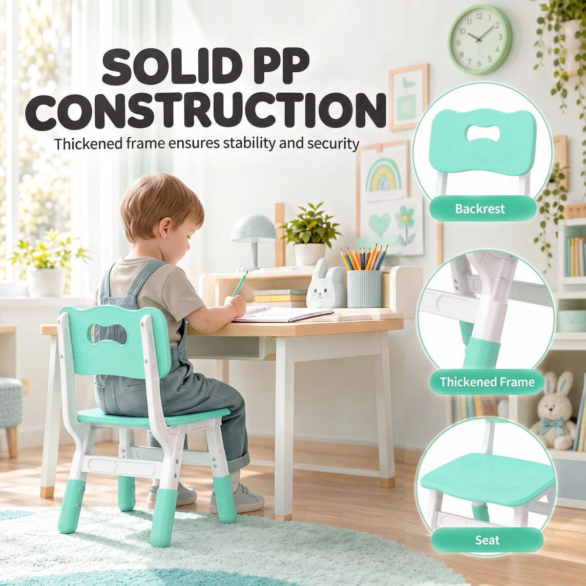 Set of 2 kids chairs with backrests, mint seat and thickened frame on white legs