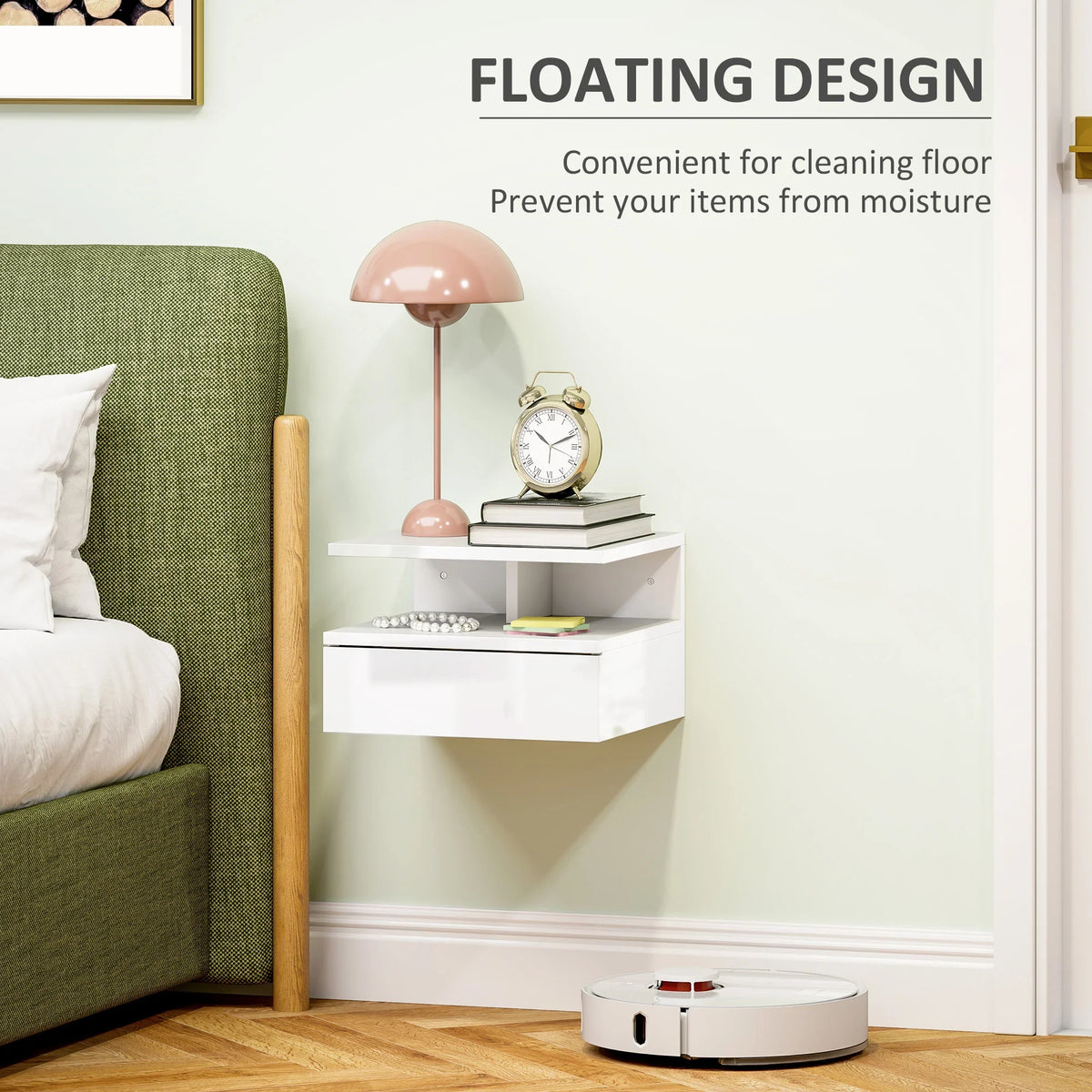 Wall-mounted floating nightstand in white, with open shelf and pull-out drawer
