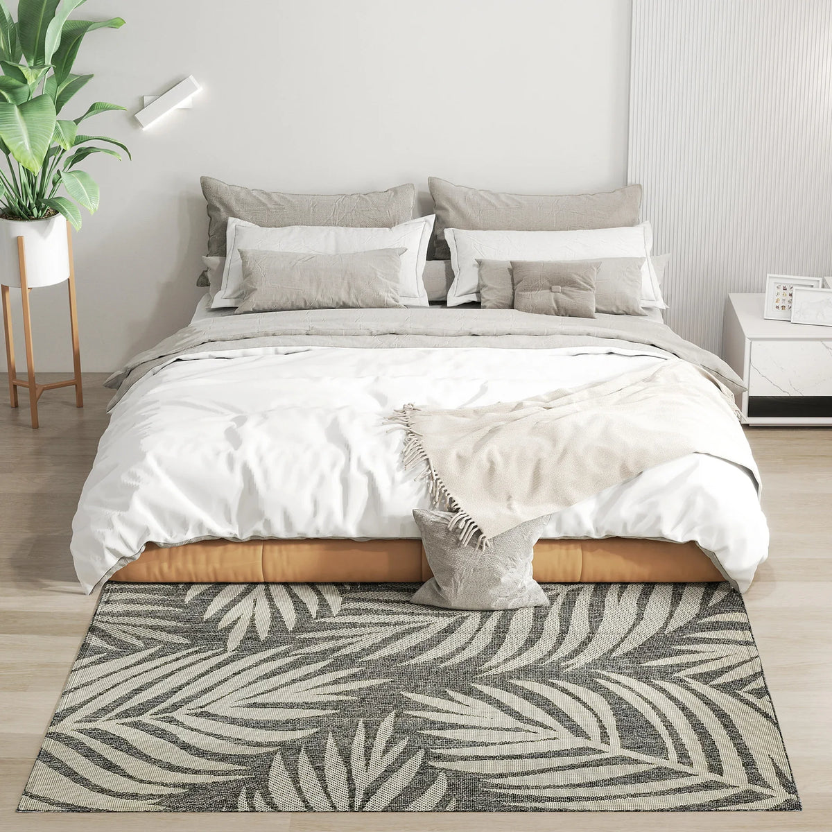 Grey area rug with woven leaf pattern, 170 x 120 cm, indoor outdoor use