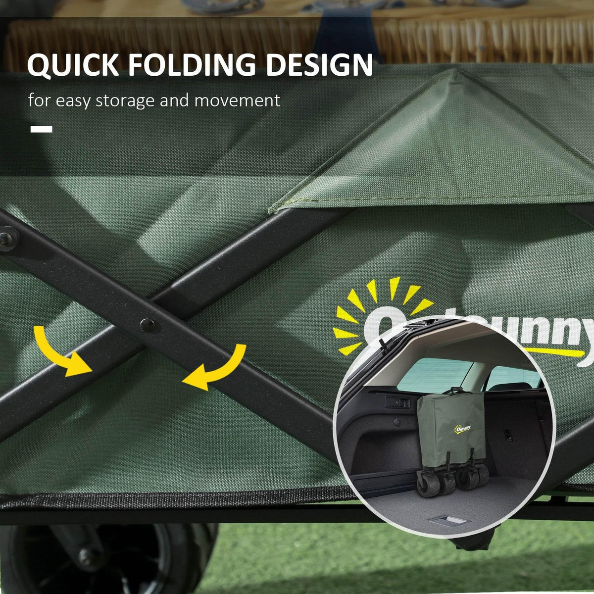 Green folding beach trolley cart canopy fabric with black support bar detail