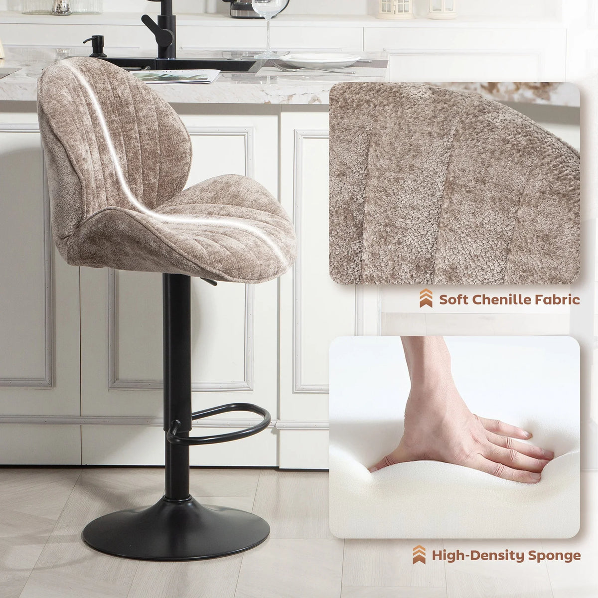 Brown upholstered bar stool seat and back with black base and round footrest