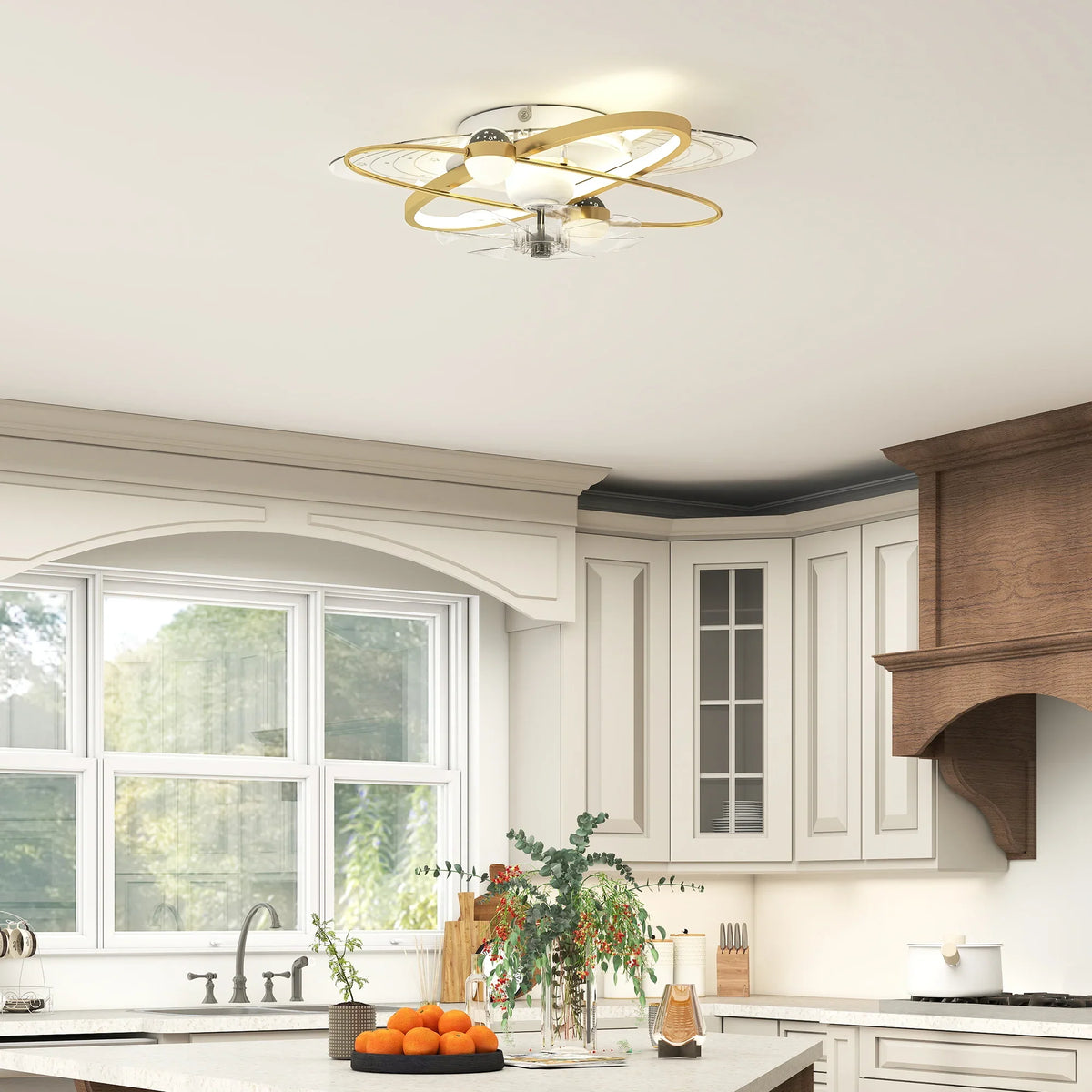 Gold ceiling fan with LED light and multi-blade canopy fixture for indoor rooms