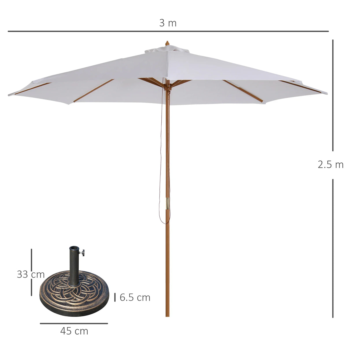 White parasol dimensions: 3 m canopy height 2.5 m, pole with spiral base