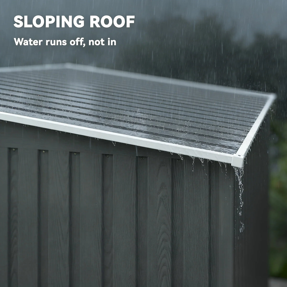 Sloping roof overhang with rain runoff edge on a metal shed wall