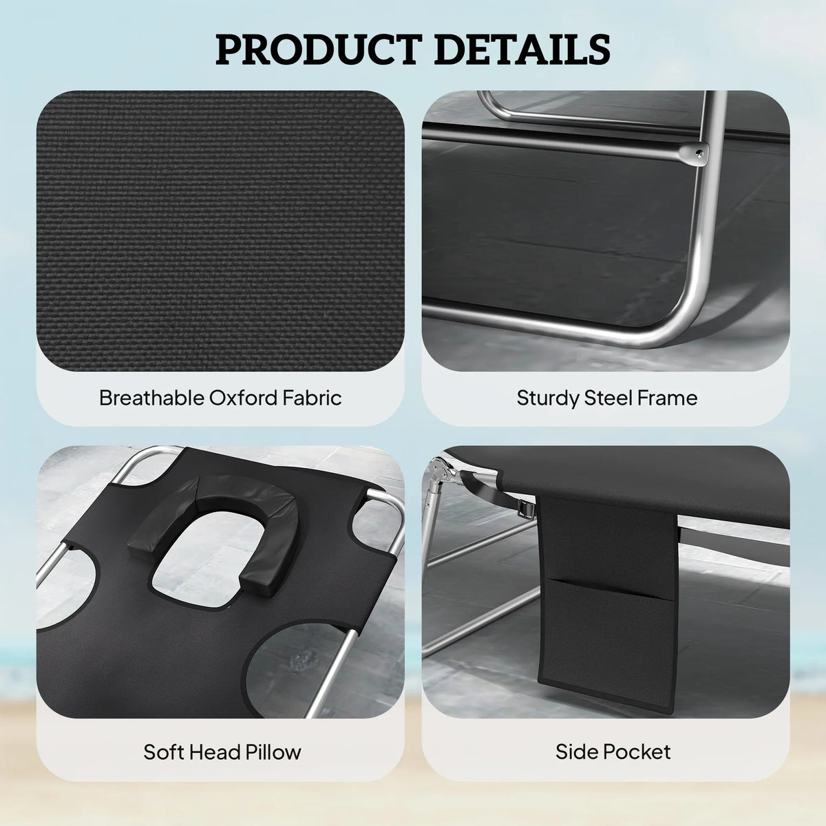 Black sun loungers with breathable Oxford fabric, sturdy steel frame, head pillow, and side pocket