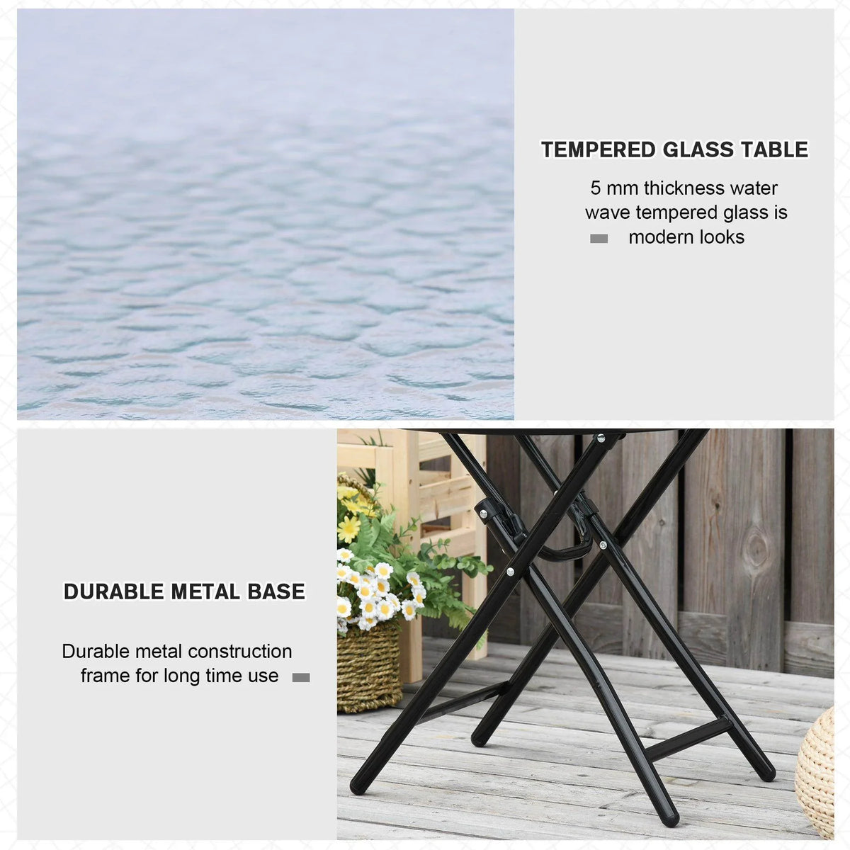 Black folding garden table with round glass top and durable metal base cross brace