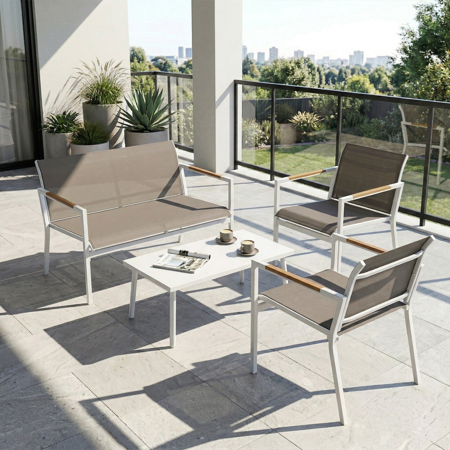 Outsunny 4 Seater Garden Furniture Set With Loveseat Armchairs And Table Metal Frame Breathable Mesh Seats Khaki