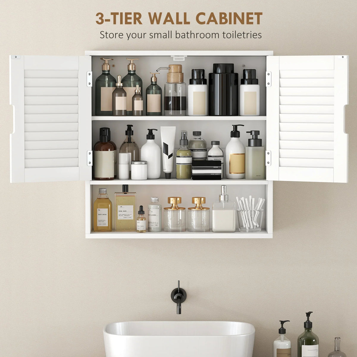White 3-tier wall cabinet with louvered doors, storing bottles and jars