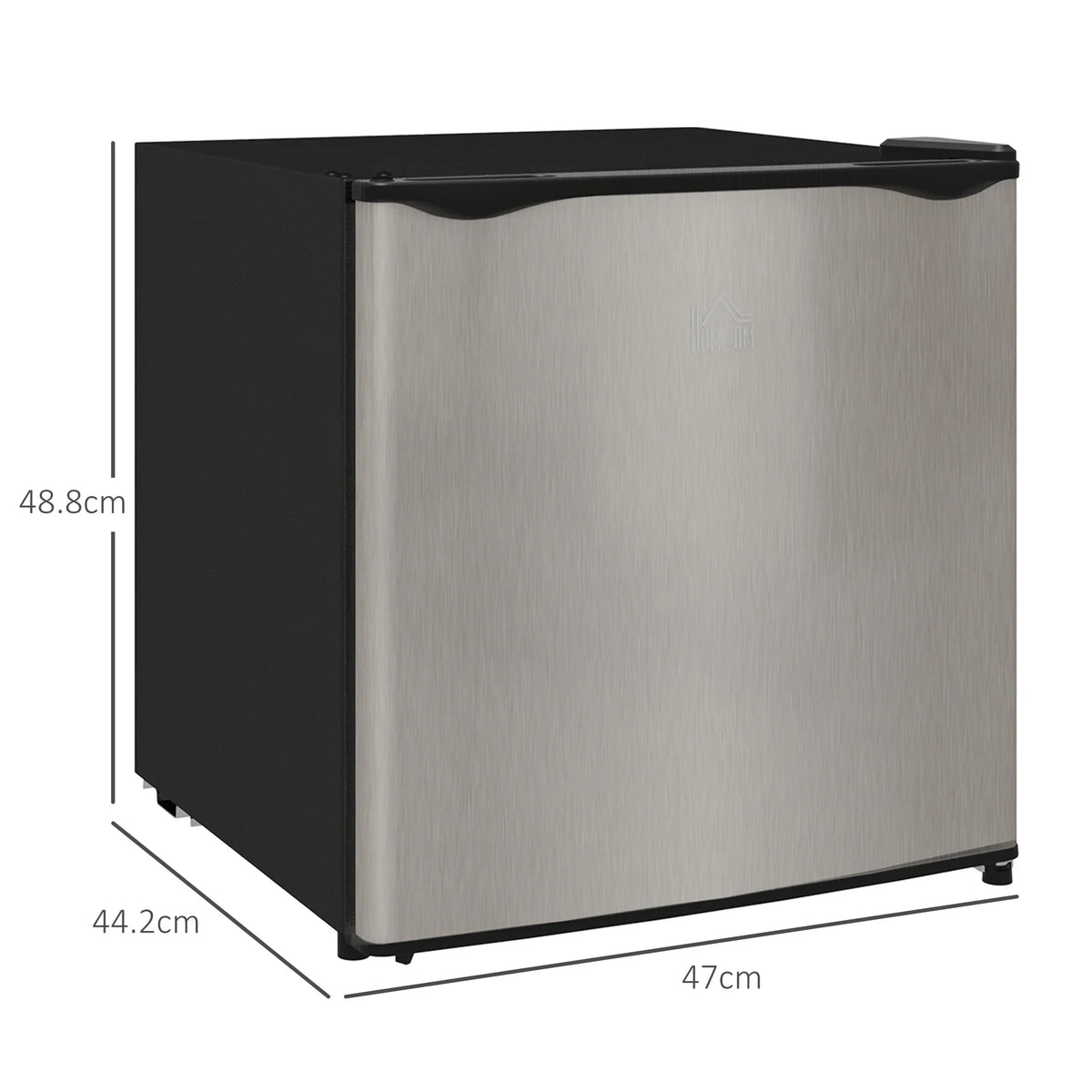 Compact silver mini freezer with black sides and open top lid, space-saving countertop size