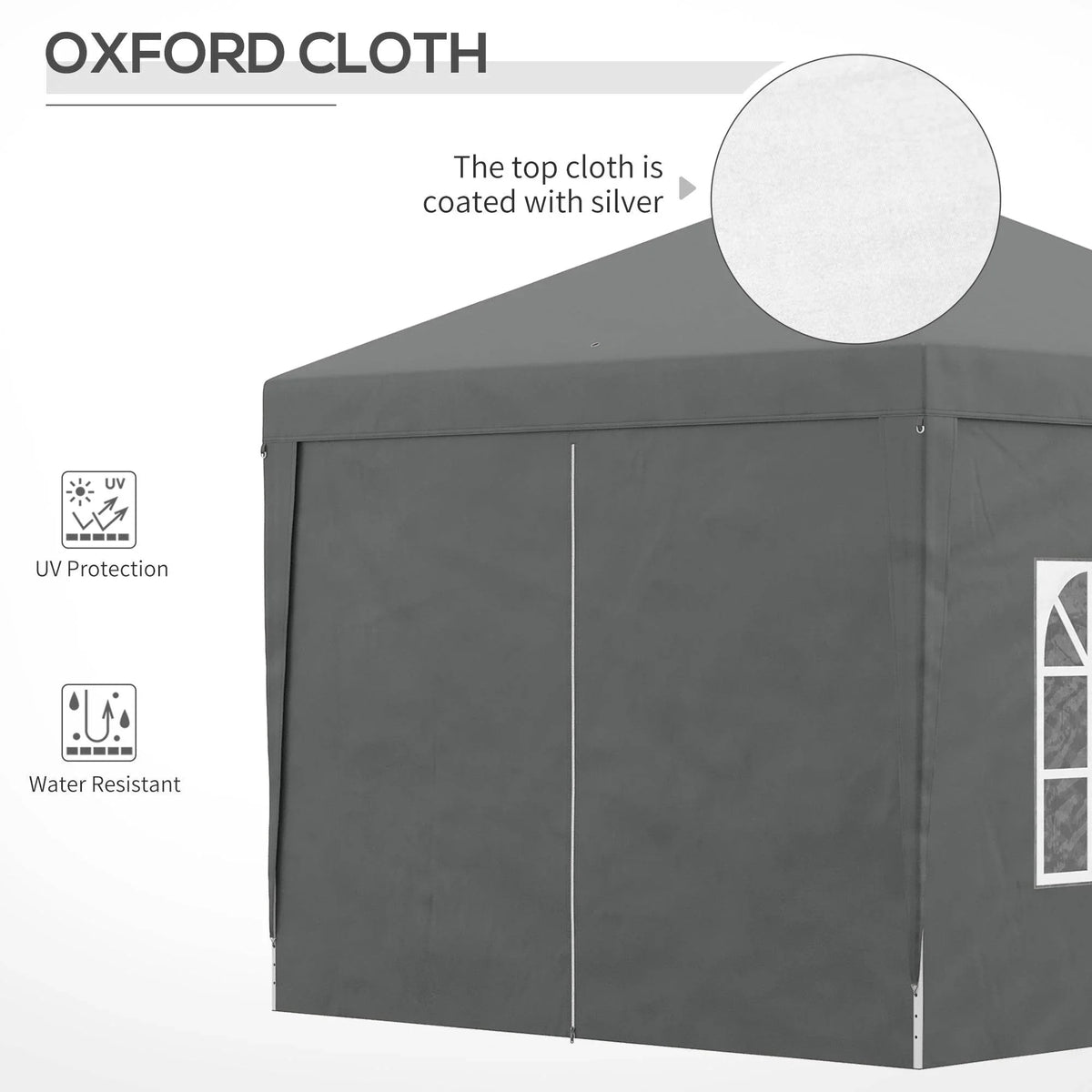 Grey Oxford-cloth canopy tent panel with UV protection and water-resistant coating icons