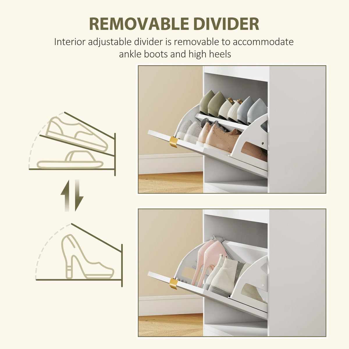 White shoe storage bench with removable interior divider for boots and heels