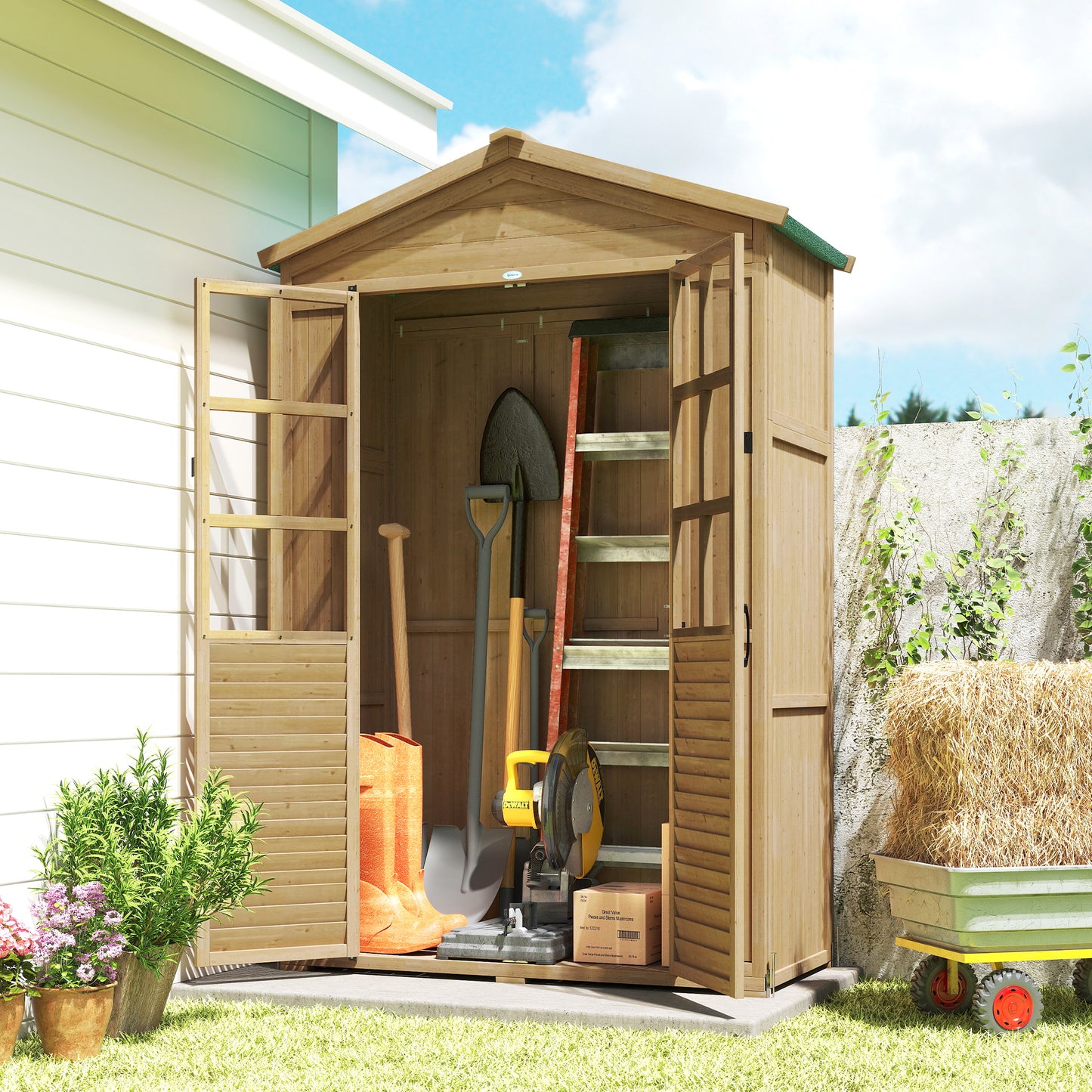 Outsunny Outdoor Wooden Storage Cabinet Shed With Acrylic Windows For Patio Garden Tools Light Brown