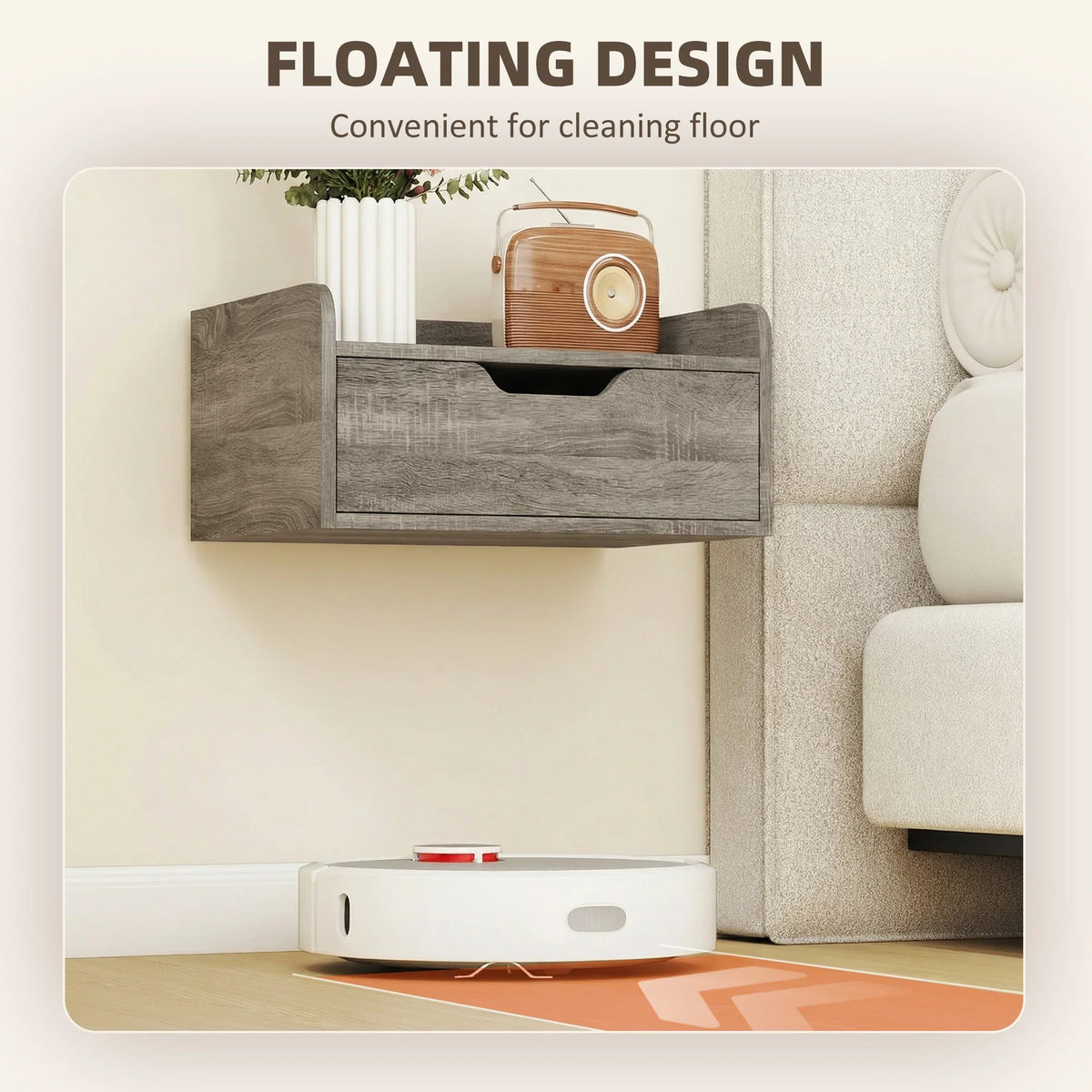 Floating bedside tables set, grey wood-effect drawers for wall mounting