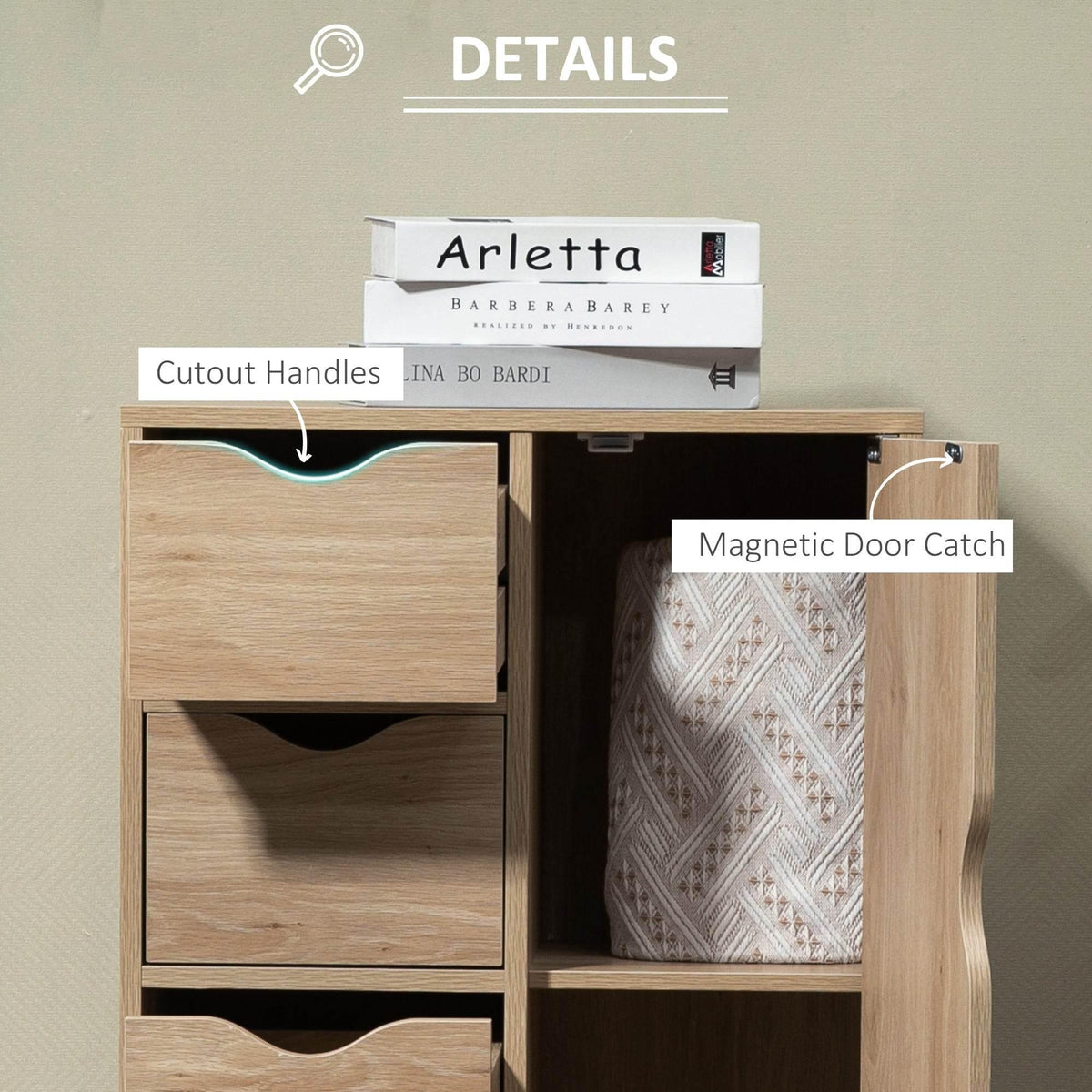 Natural wood bathroom cabinet with cutout drawer handles and hinged door cupboard