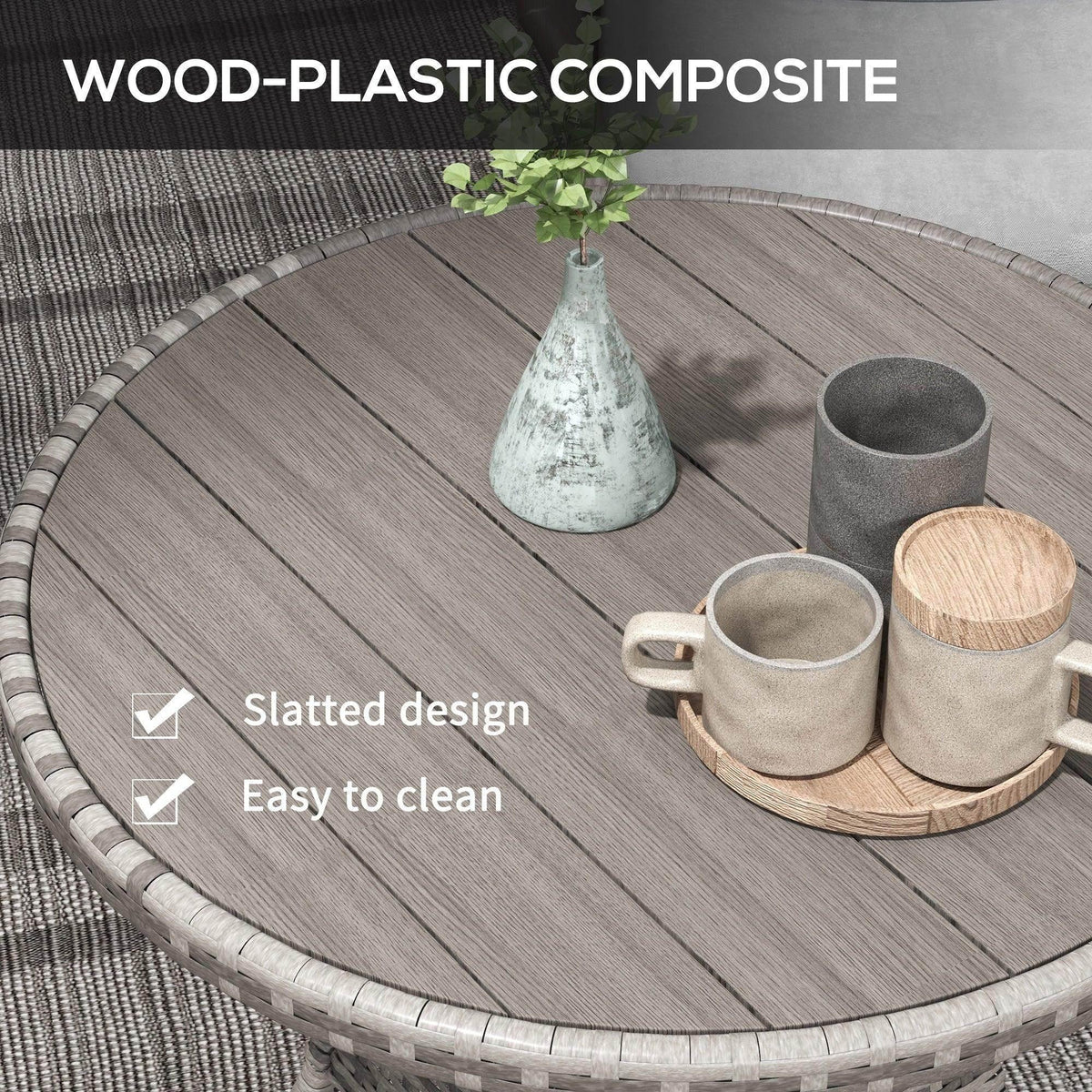 Grey round slatted wood-plastic composite tabletop for outdoor dining table