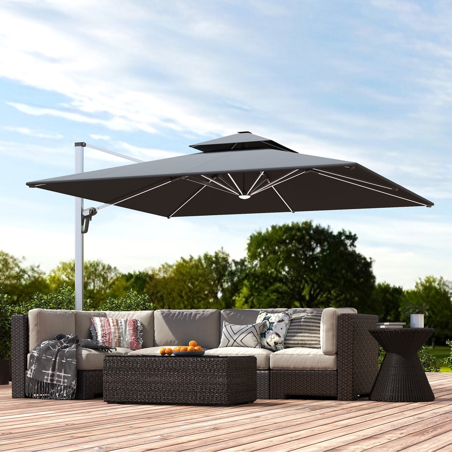 Outsunny 3m Garden Cantilever Parasol With Cross Base And Solar LED Lights 360 Degree Rotation Crank Tilt Grey