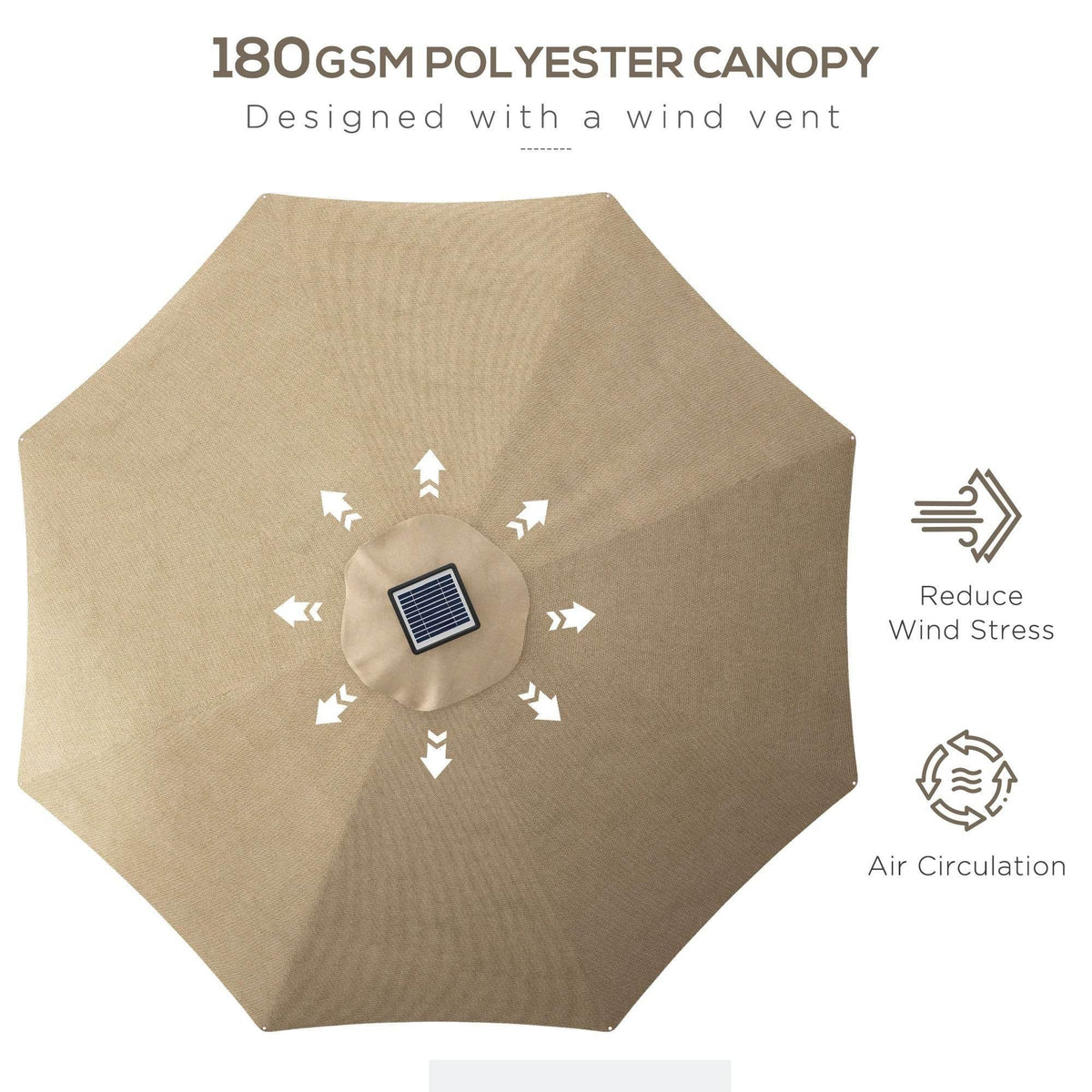 Khaki polyester umbrella canopy with air vent for reduced wind stress