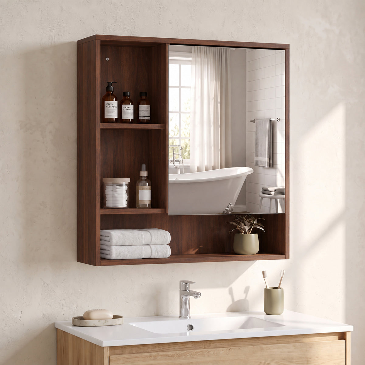 Walnut bathroom wall mirror cabinet with adjustable shelves and open storage compartments