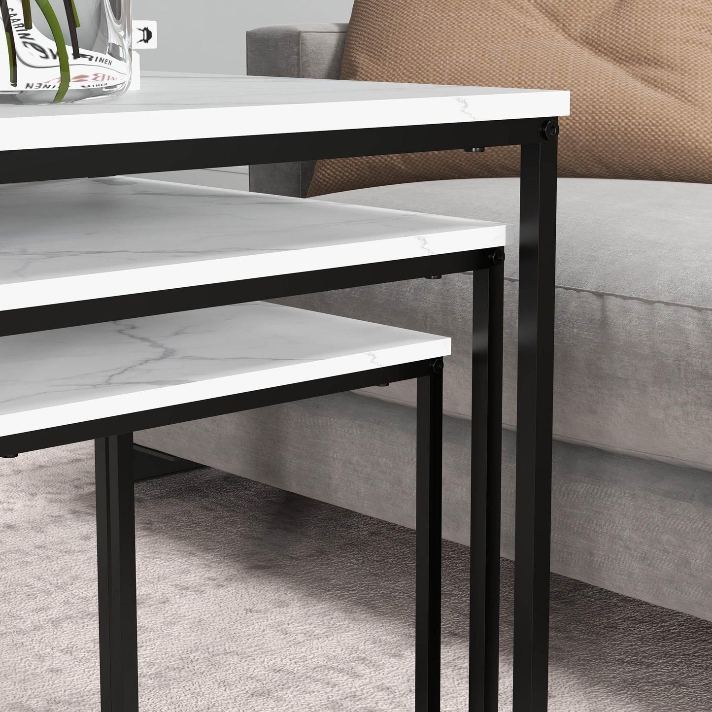 HOMCOM Modern Nesting Tables Set of 3 with Faux Marble Tops and Sturdy Steel Legs for Stylish Living Room or Bedroom - ALL4U RETAILER LTD