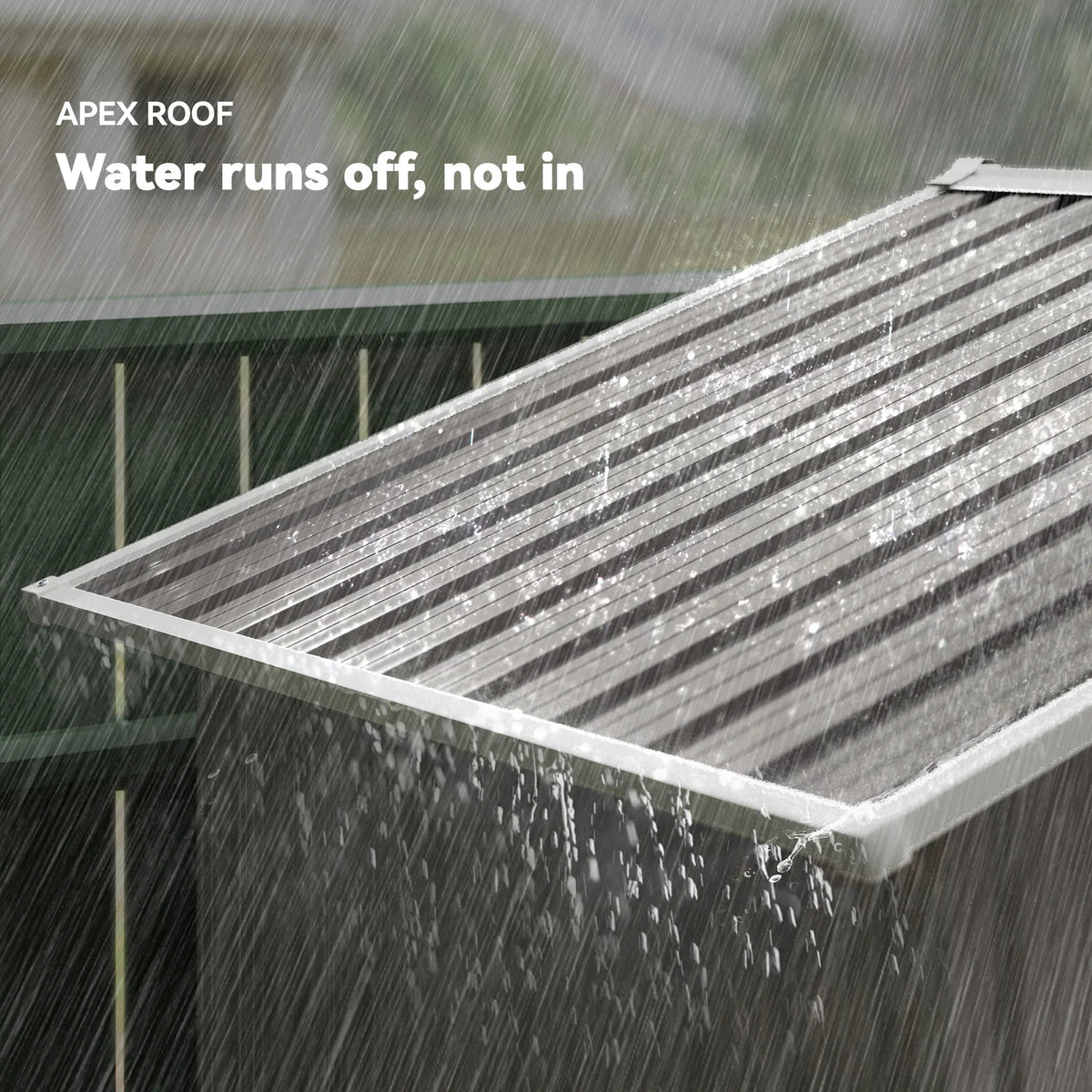 Galvanised steel shed apex roof panel with water running off the sloped surface