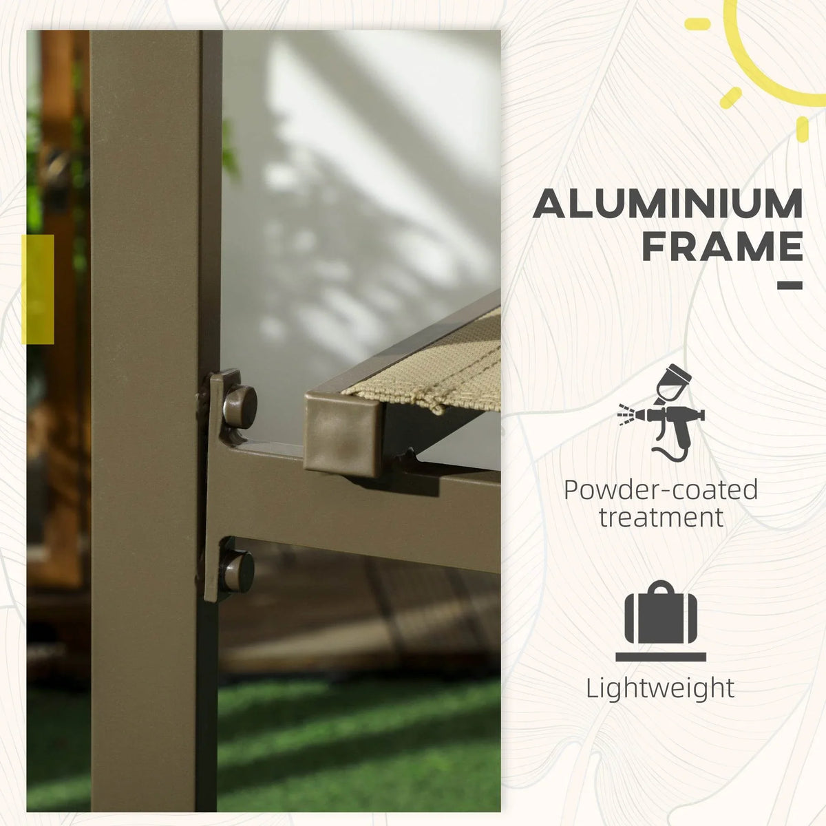 Close-up of dark chair frame arm joint with khaki mesh back
