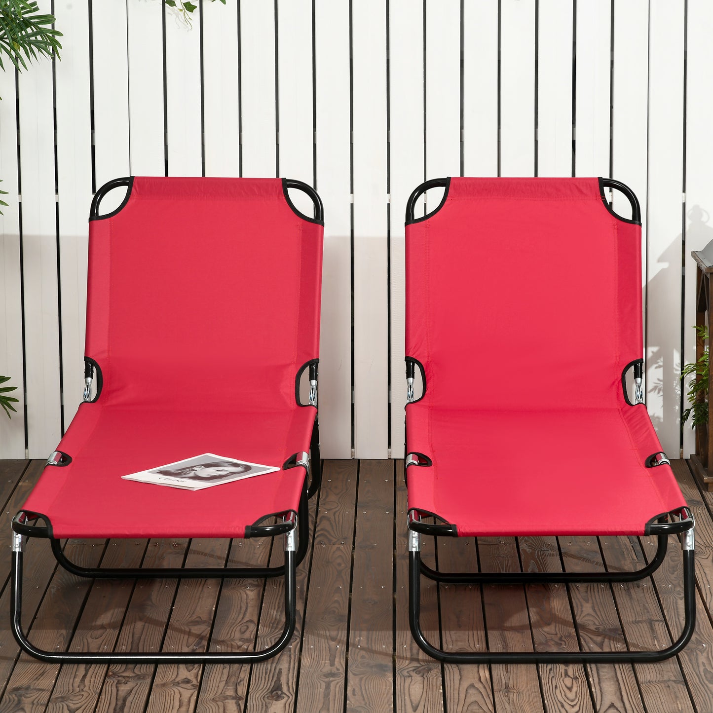 Outsunny Set Of Two Folding Sun Loungers Red With Five Position Reclining Backs And Powder Coated Steel Frames