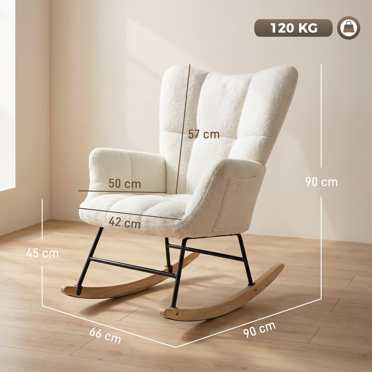 Cream upholstered rocking chair with wingback backrest, curved black legs, side pockets