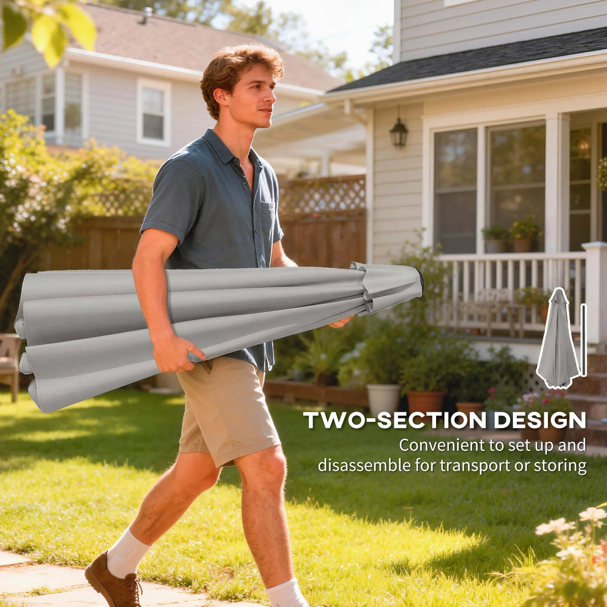 Light grey patio umbrella folded in two sections for transport or storage