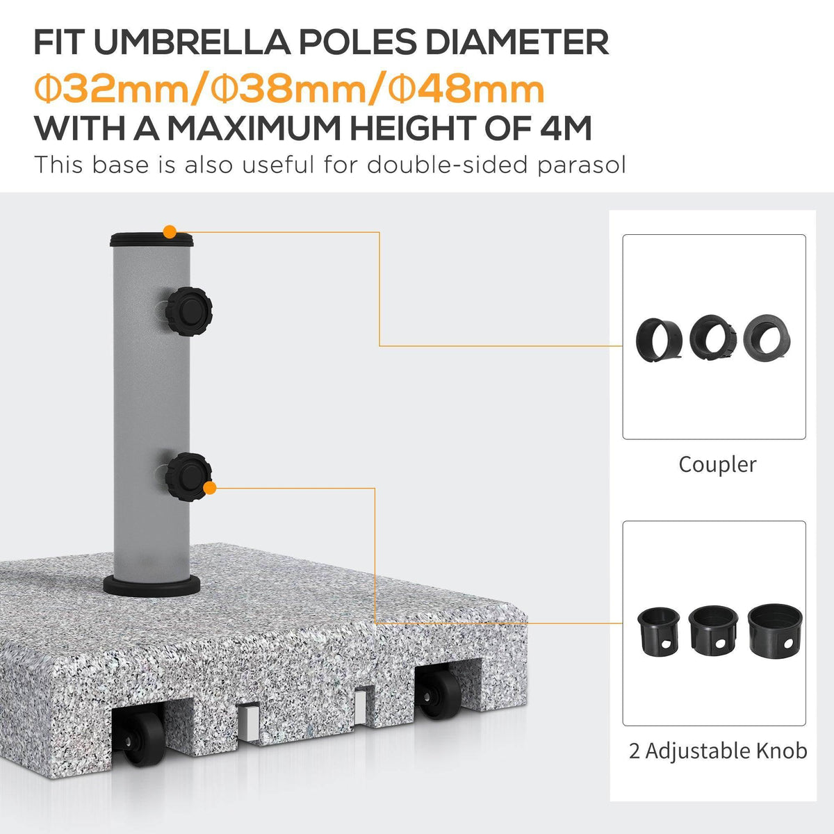 Granite umbrella stand base with coupler and two adjustable knobs for pole fit.